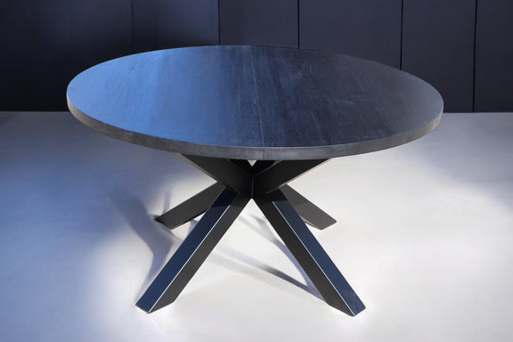 Black Expandable Round Oak Dining Table with Metal Legs