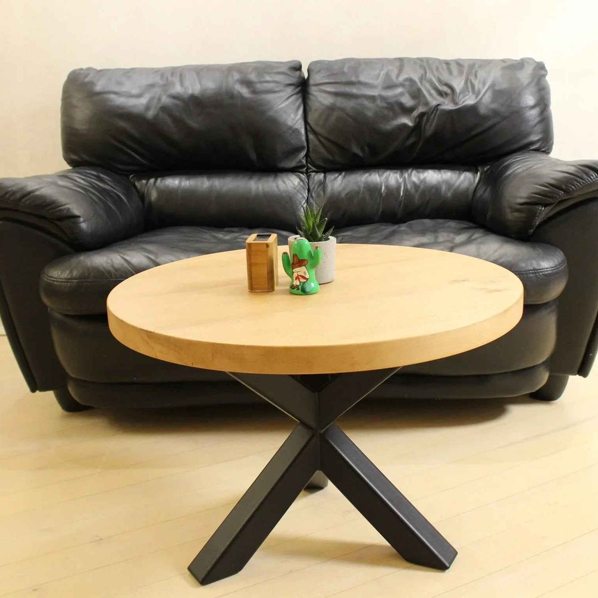 Handcrafted Round Wood Coffee Table with Spider Metal Base