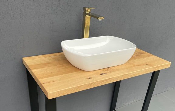 Custom oak bathroom vanity top with natural edges and 4cm thick wooden slab