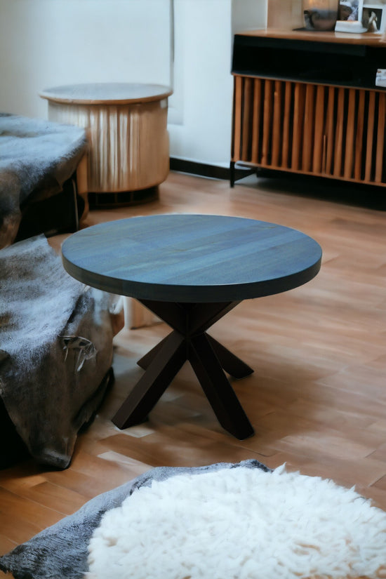 Round WOODEN COFFEE TABLE With Vibrant Colors, Bauhaus Design - And Spider-Style Metal Legs – Modern Loft And Living Room Centerpiece