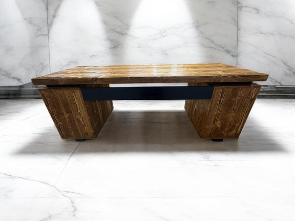 Executive pine wood desk with black metal legs and practical storage shelf, ideal for home office