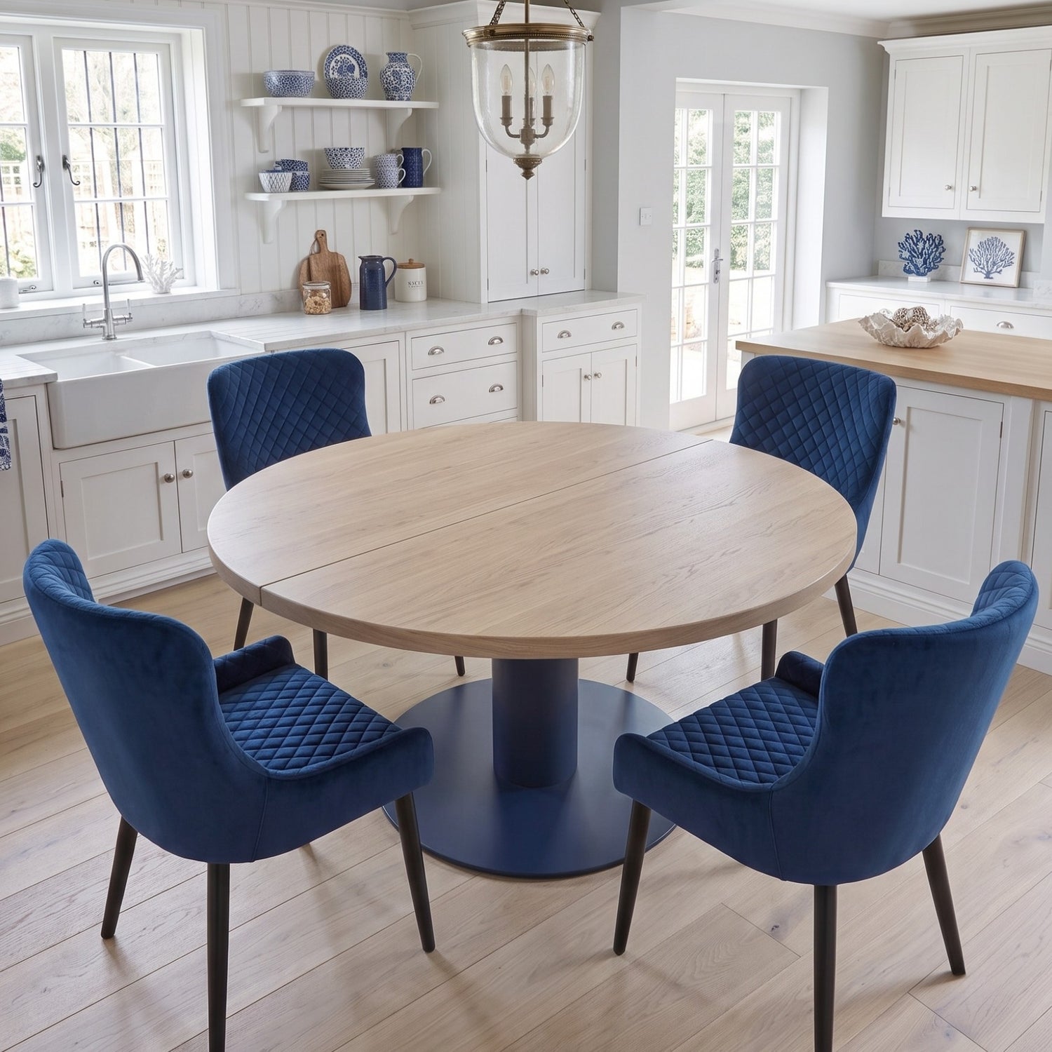 Pedestal Expandable Round Oak Dining Table with Metal Base