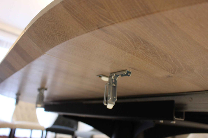 Expandable Round Oak Dining Table with Metal Pedestal Base