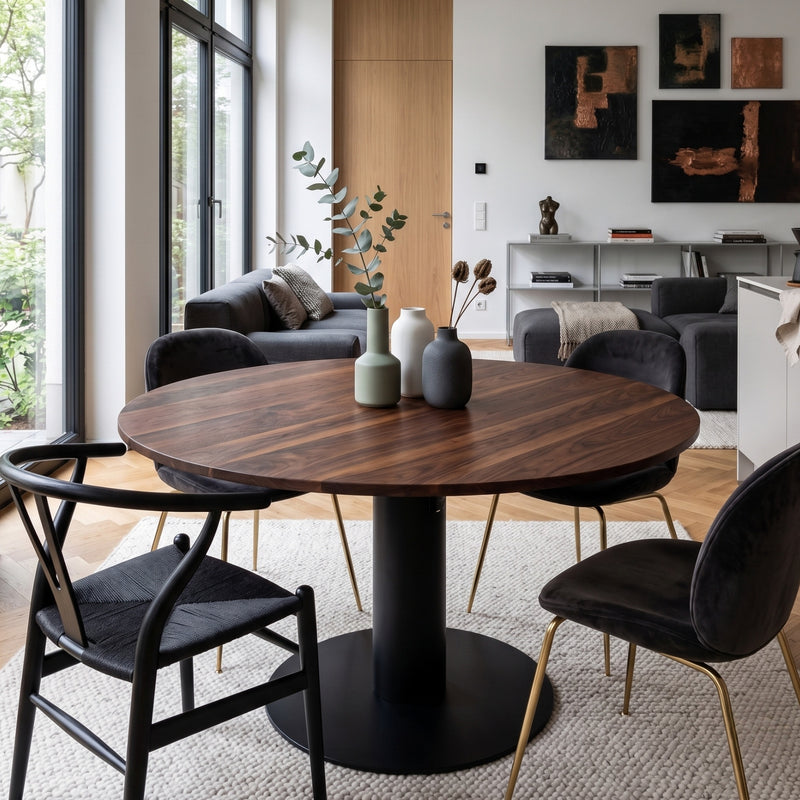 Pedestal Expandable Round Oak Dining Table with Metal Base