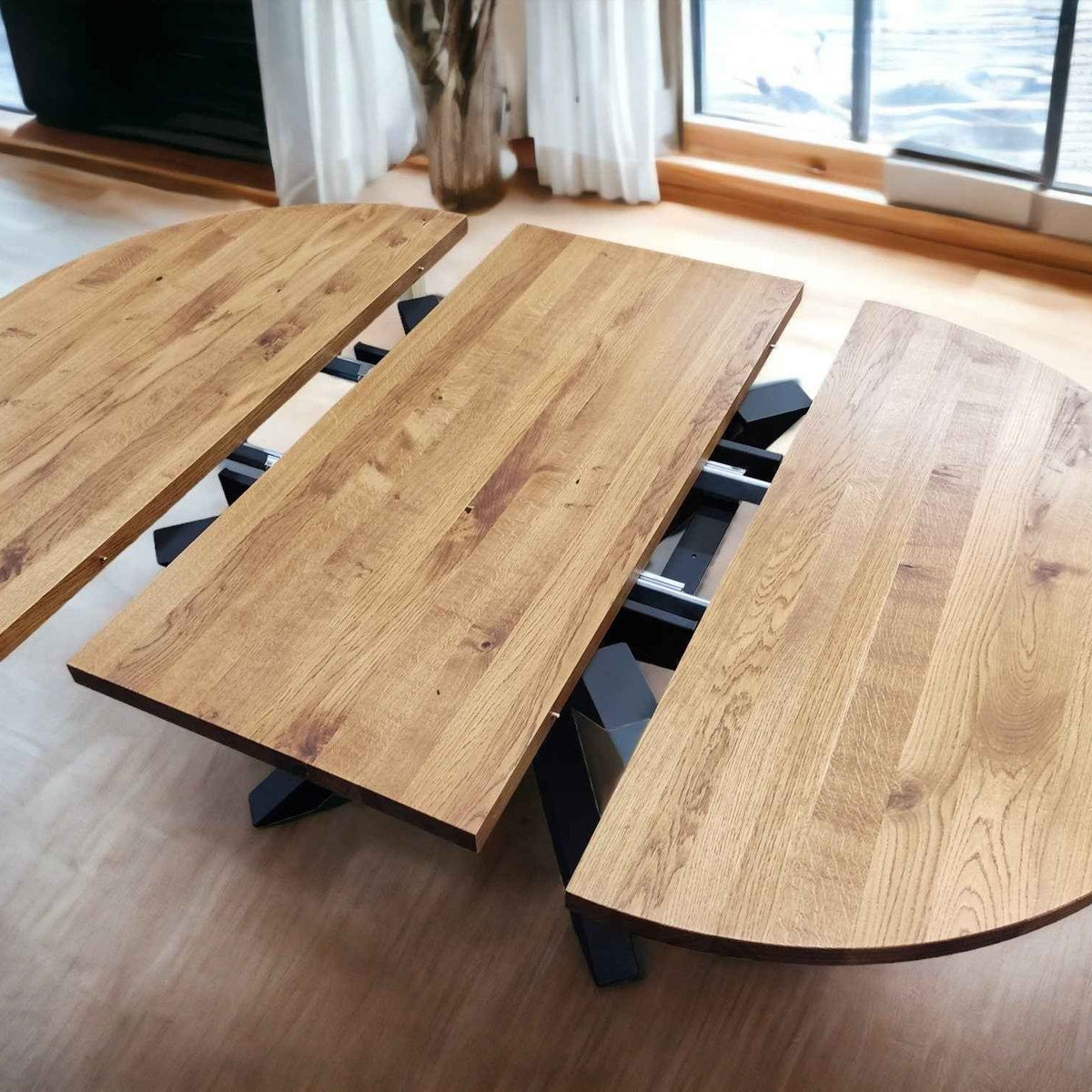 Expandable Round Oak Dining Table with Metal Legs