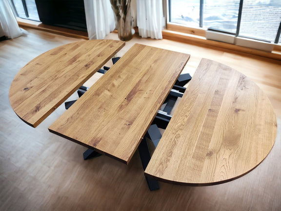 Round extendable oak dining table with metal pedestal base, modern wooden kitchen table for 6 to 8 people