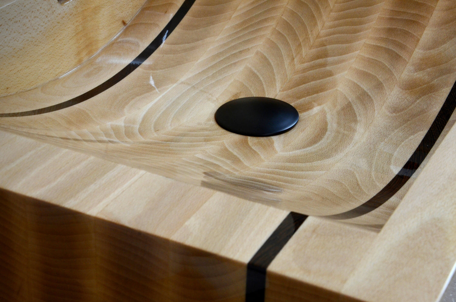 High-end bathroom wooden washbasin with oak slab body and wenge decorative inserts
