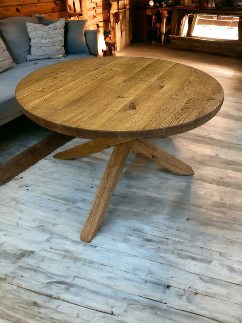 Rustic Solid Oak Dining Table with Unique Wooden Spider Legs