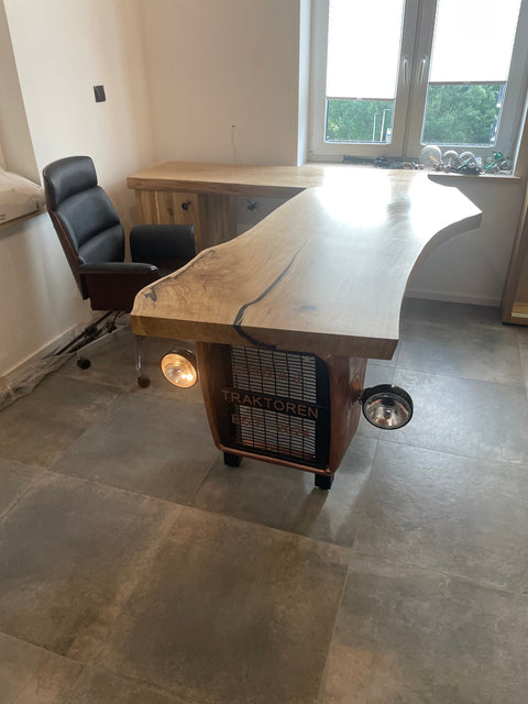 Unique Live Edge Oak Desk with Industrial Tractor Design