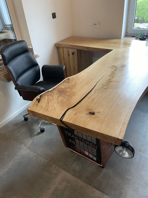 Unique Live Edge Oak Desk with Industrial Tractor Design