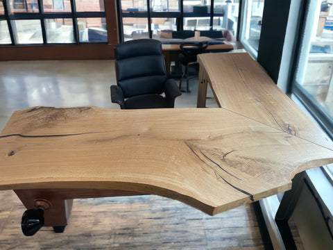 Unique Live Edge Oak Desk with Industrial Tractor Design