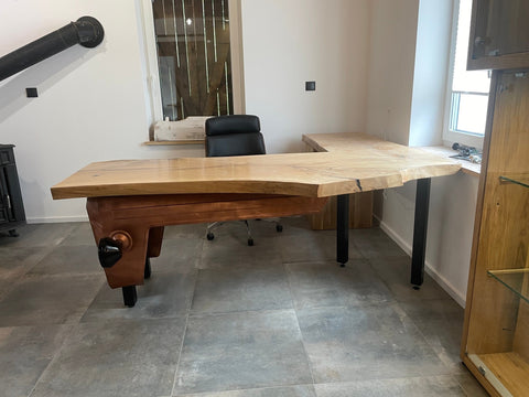 Unique Live Edge Oak Desk with Industrial Tractor Design