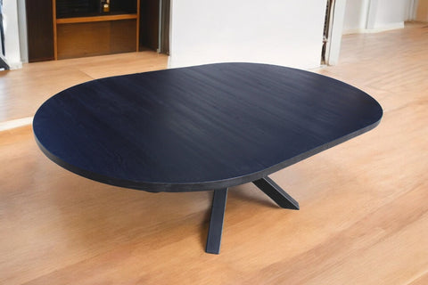 Handcrafted Black Oak Round Dining Table with Metal X-Frame Base