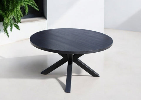 Handcrafted Black Oak Round Dining Table with Metal X-Frame Base