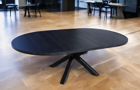 Handcrafted Black Oak Round Dining Table with Metal X-Frame Base