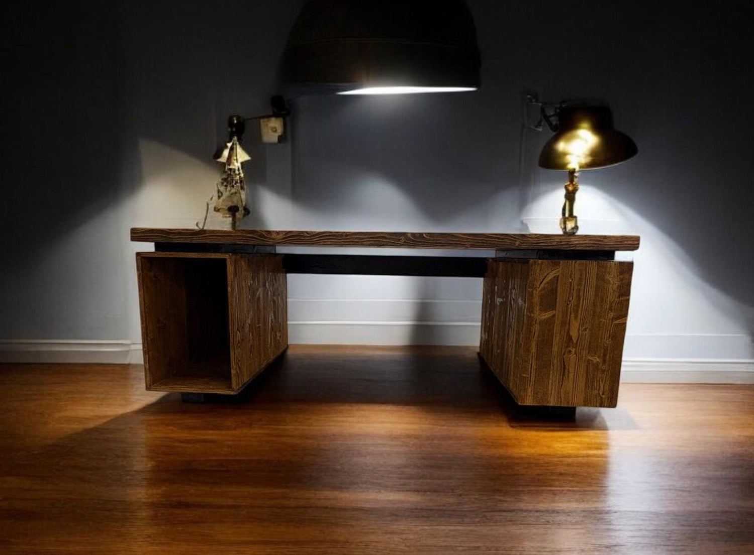 Modern industrial solid wood office desk with metal frame, integrated drawer and shelf