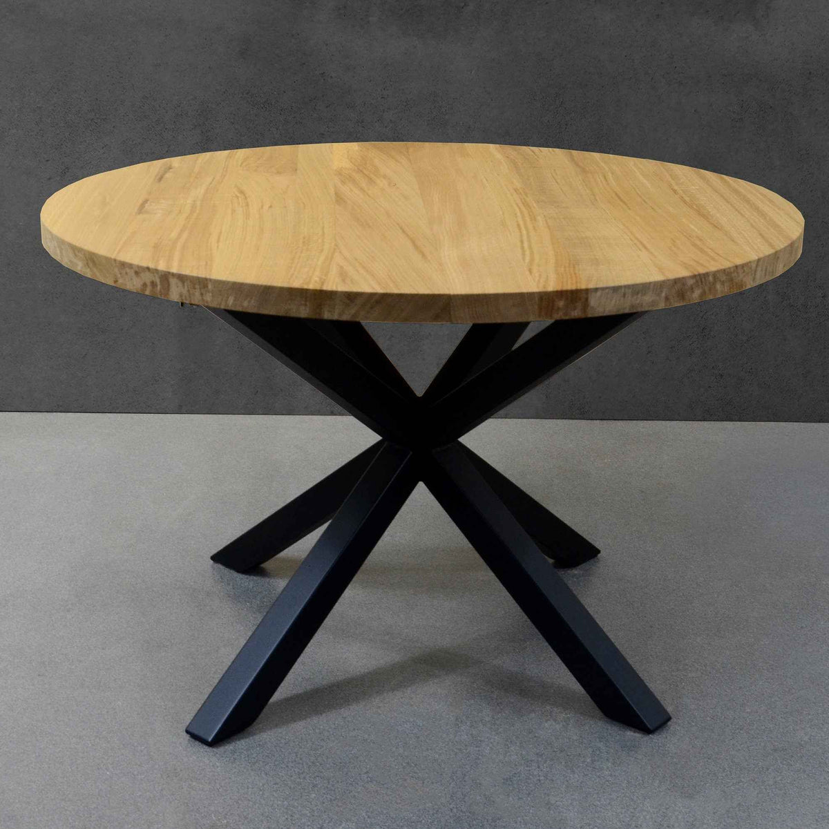 Expandable Round Oak Dining Table with Metal Legs