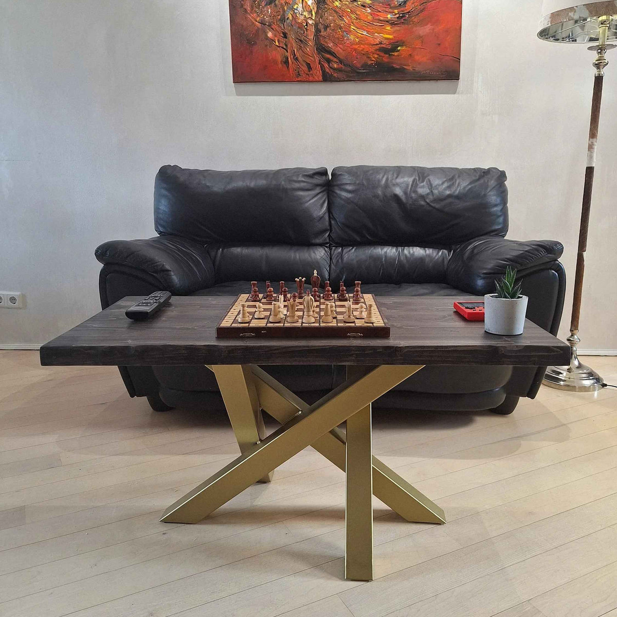 Handcrafted Rectangular Wooden Coffee Table with Spider Metal Legs