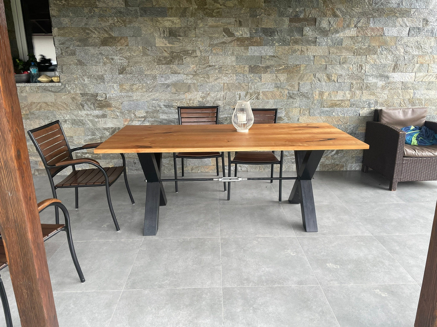 Modern rustic rectangular dining table made of ash wood with industrial style cross legs