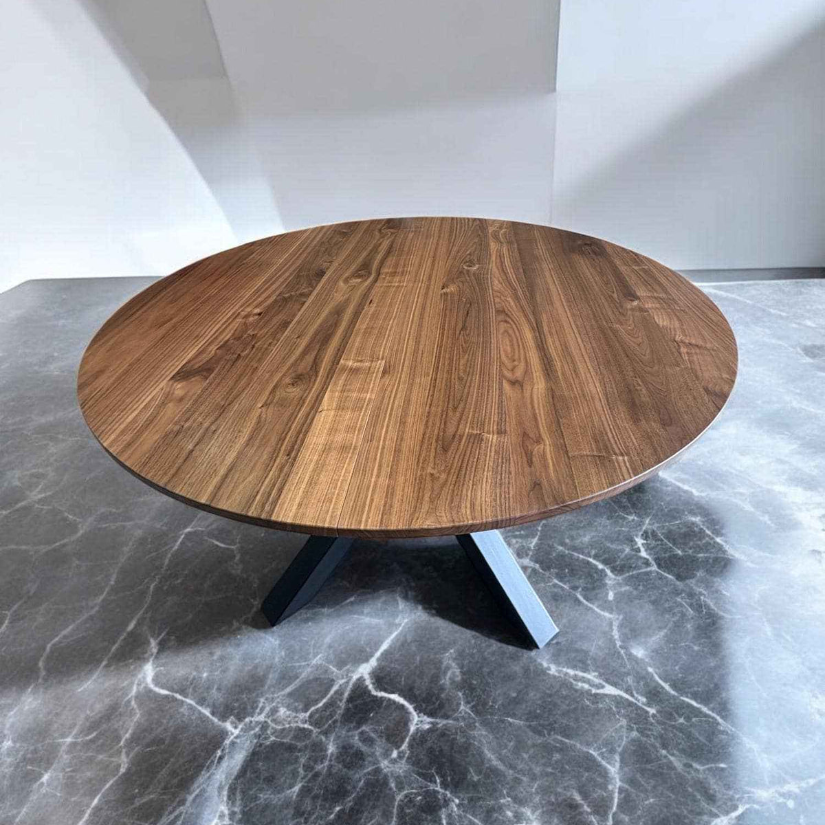 Expandable Round American Walnut Dining Table with Metal Legs