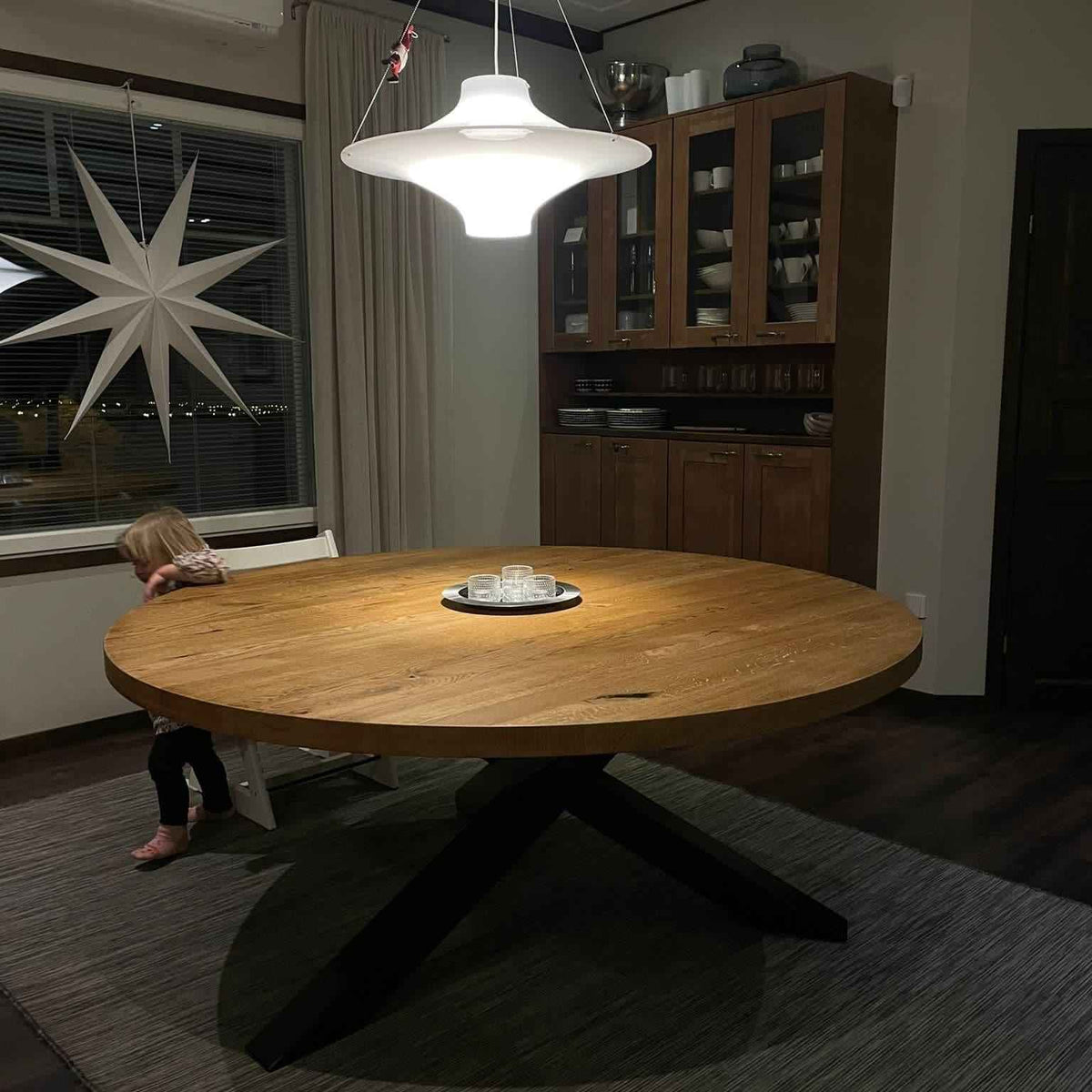Handcrafted Solid Oak Round Dining Table with X-Frame Base