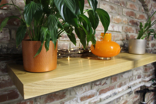 Minimalist straight-edge oak wall shelf, floating design for modern kitchen or home office interiors