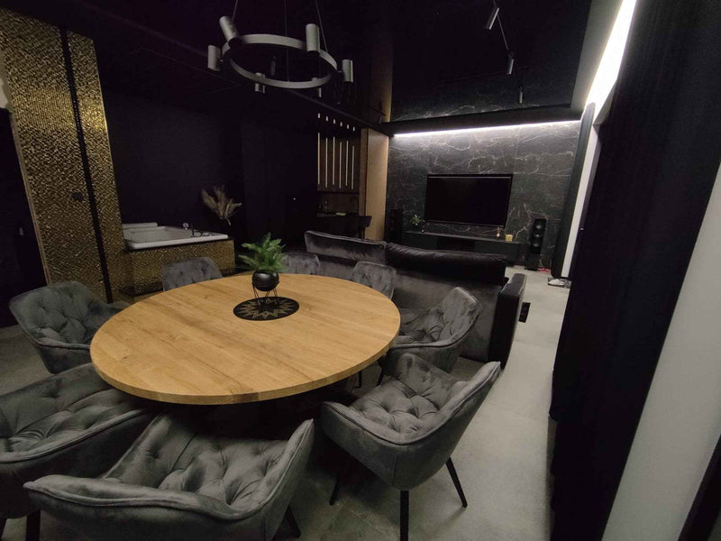 Expandable Round Oak Dining Table with Metal Legs