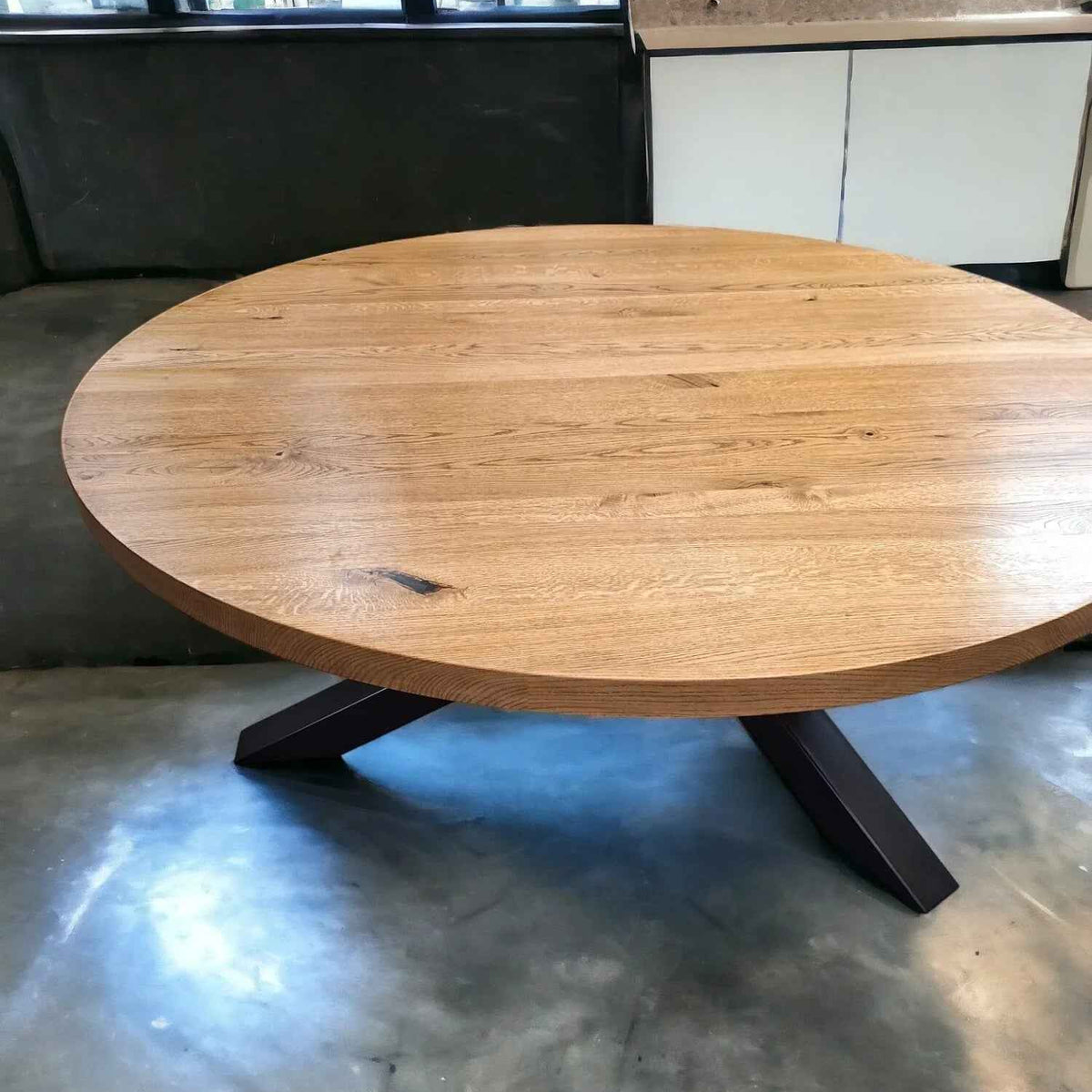 Handcrafted Solid Oak Round Dining Table with X-Frame Base
