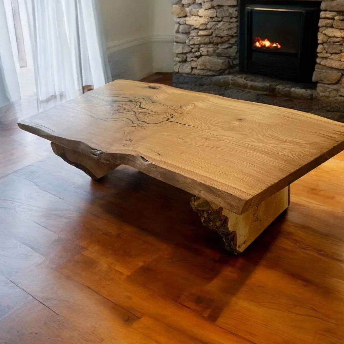 Handcrafted Live Edge Solid Oak Coffee Table with Black Resin Inlays