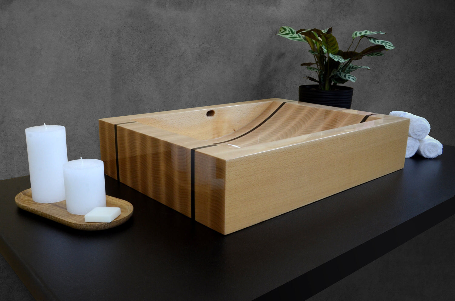 Handcrafted oak vessel sink with unique wenge wood stripes, solid wood bathroom basin