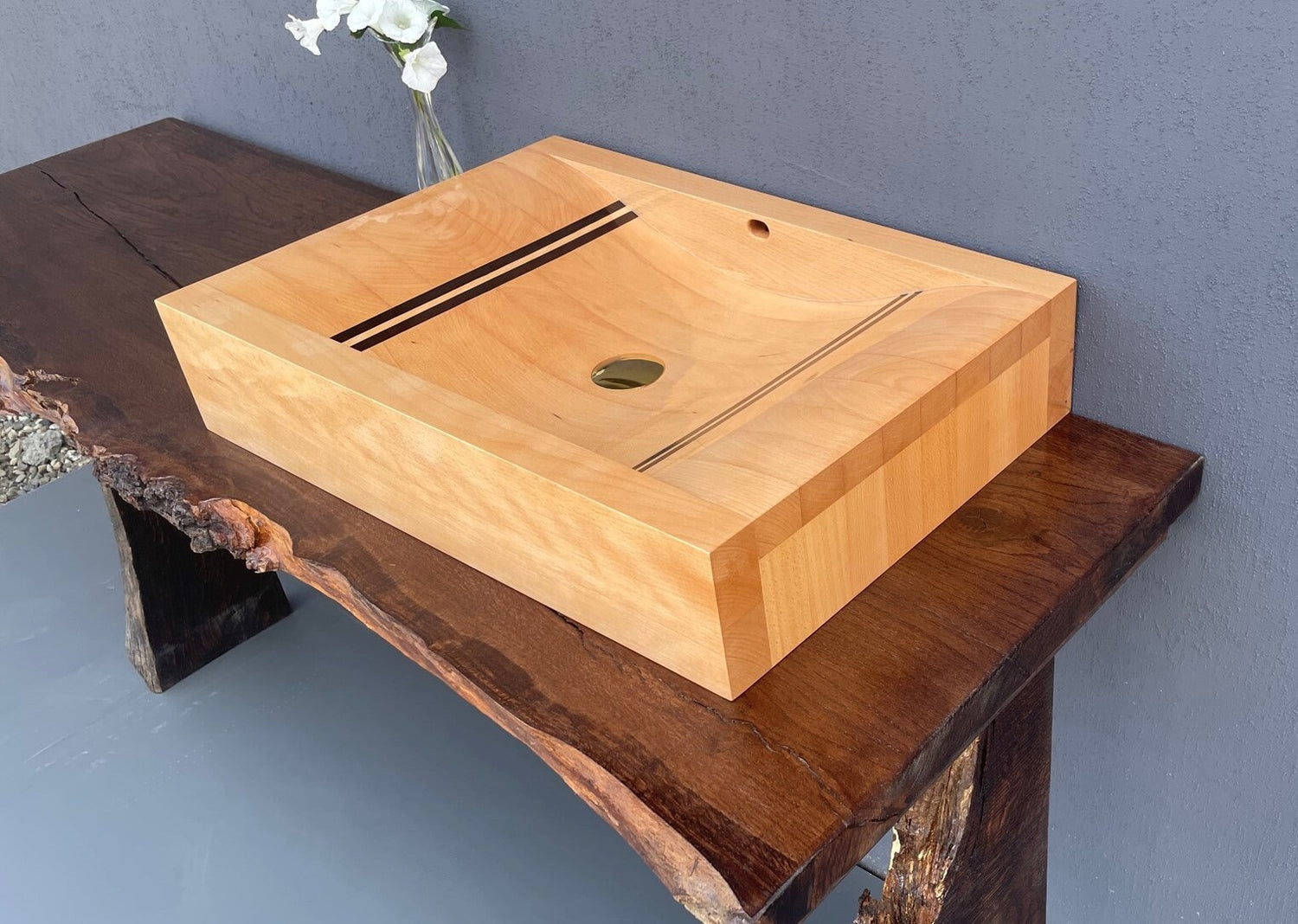 Handmade oak wood sink with decorative wenge stripes, premium wooden washbasin for designer bathrooms