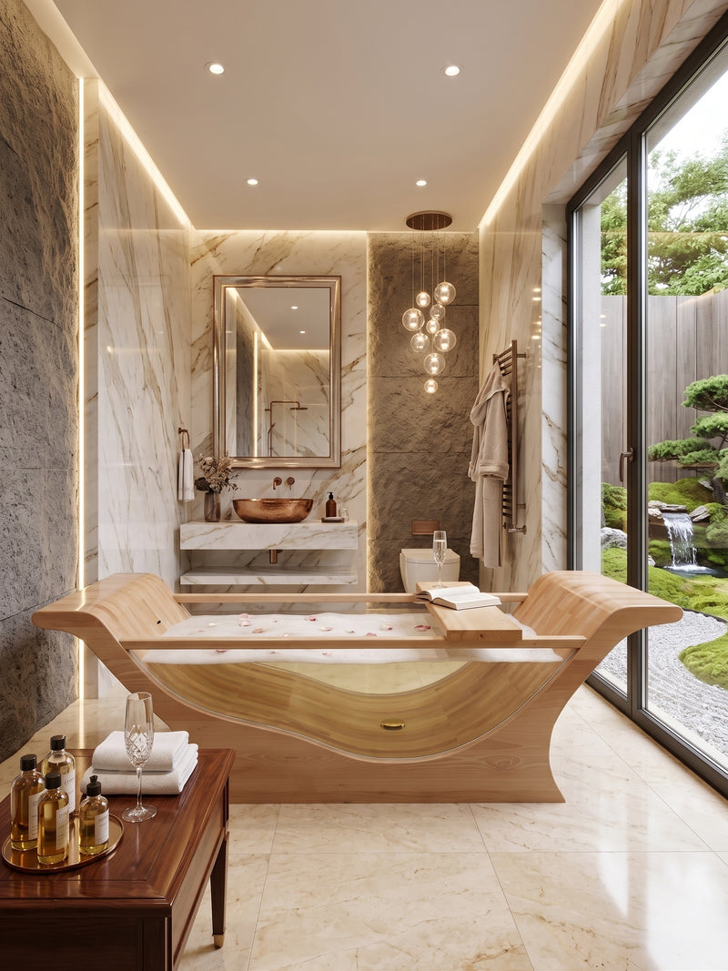 OKTAQUA Luxury Wooden Bathtub with Tempered Glass Side | 280 cm Statement Spa Bath