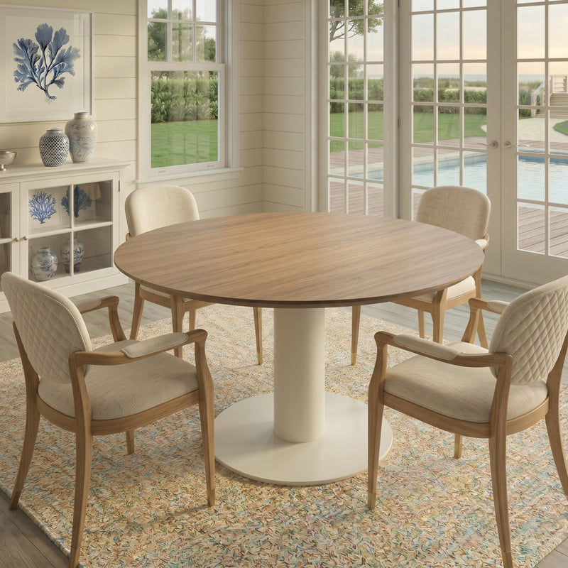 Pedestal Expandable Round Oak Dining Table with Metal Base