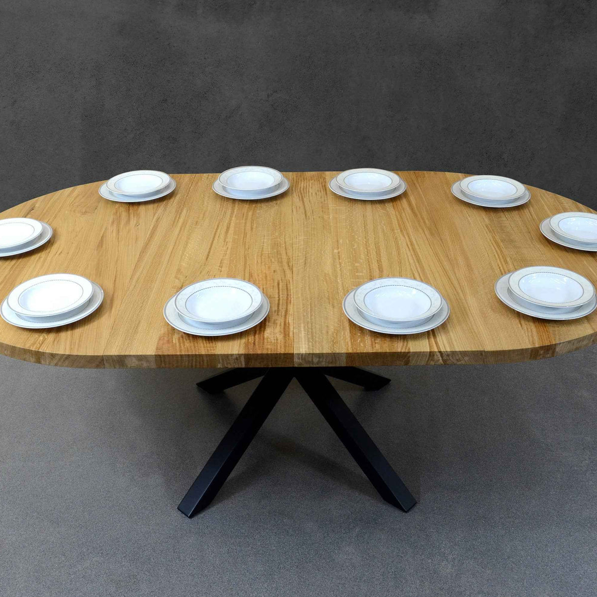 Expandable Round Oak Dining Table with Metal Legs
