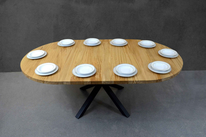 Expandable Round Oak Dining Table with Metal Legs