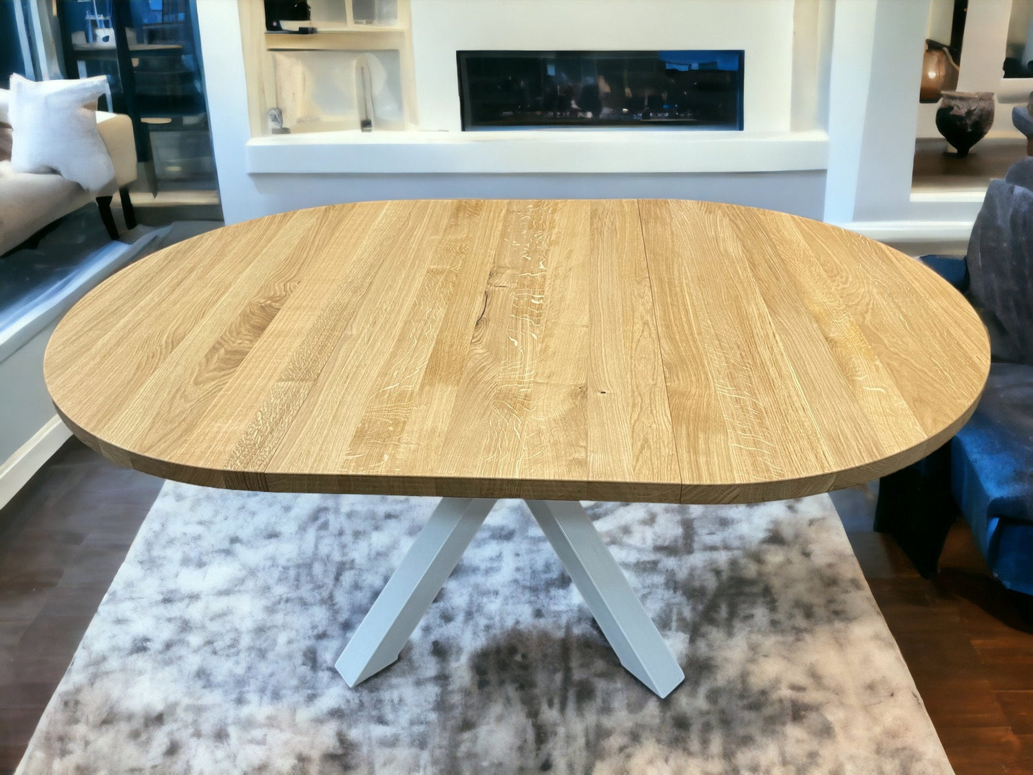Premium quality round oak extendable table with durable white  metal legs, minimalist dining furniture
