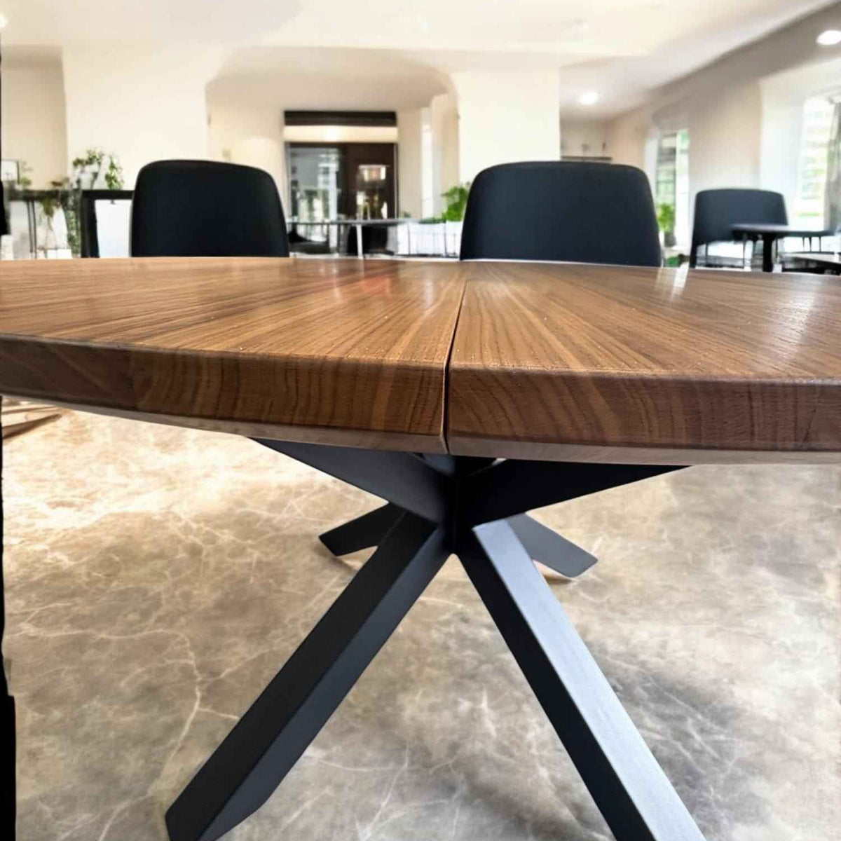Expandable Round American Walnut Dining Table with Metal Legs