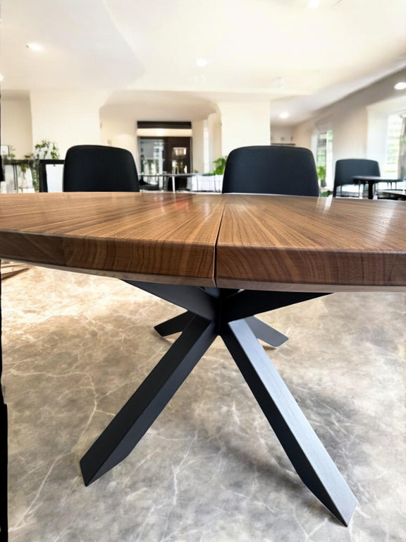 Premium American walnut round table with leaf extension and black steel X-shaped legs base, luxury dining furniture