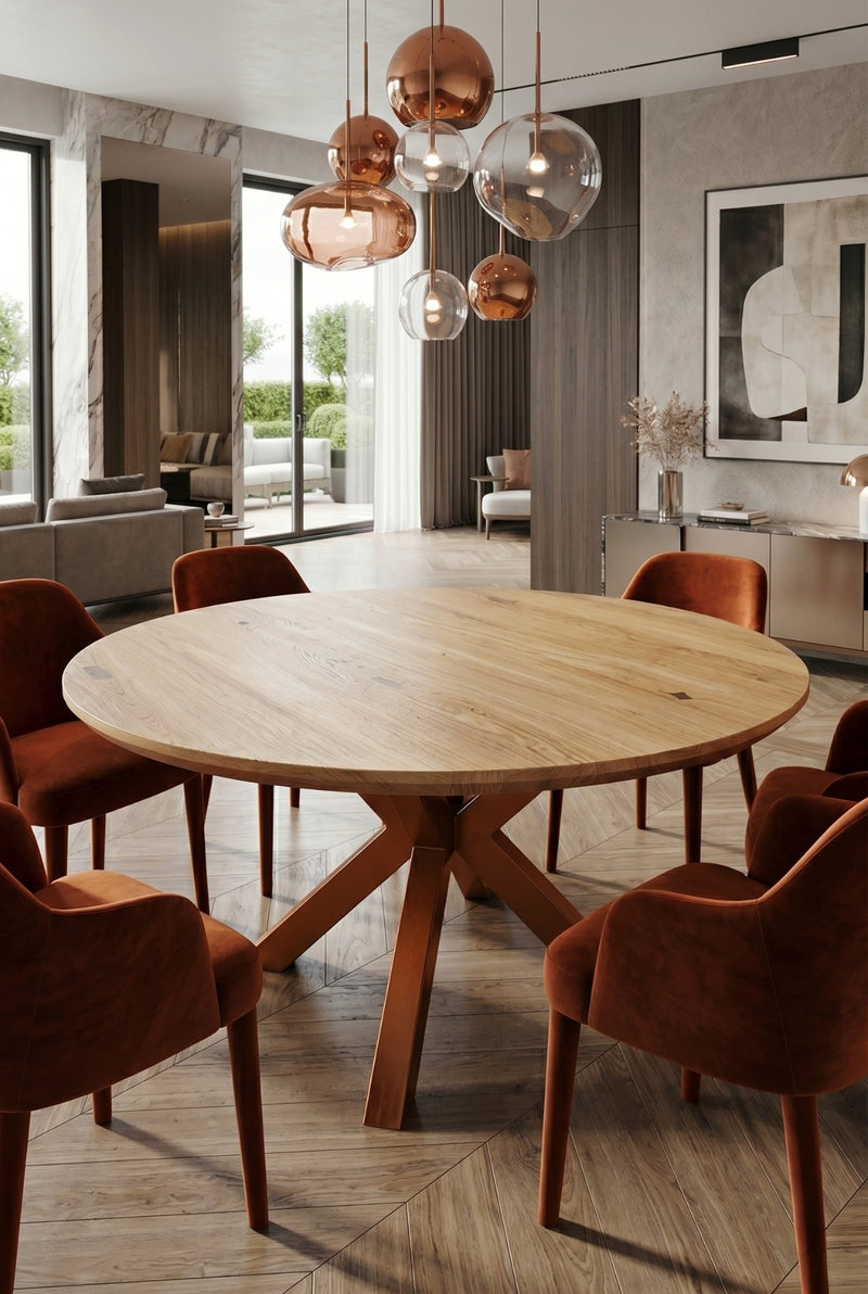 Expandable Round Oak Dining Table with Metal Legs