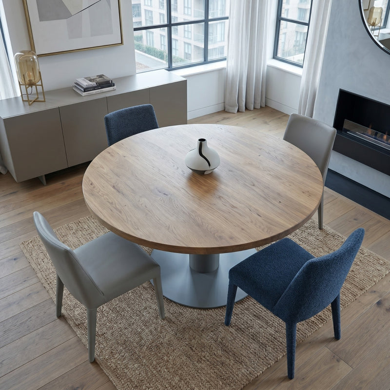 Expandable Round Oak Dining Table with Metal Legs