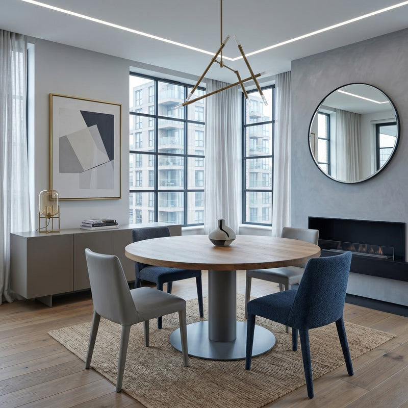 Expandable Round Oak Dining Table with Metal Legs