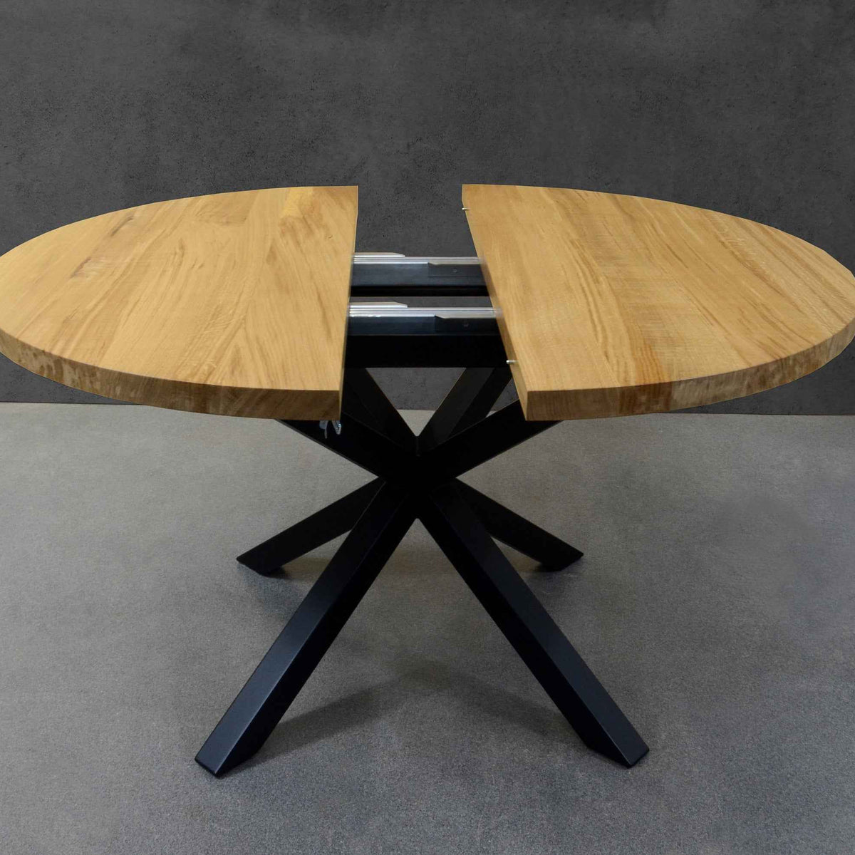 Expandable Round Oak Dining Table with Metal Legs