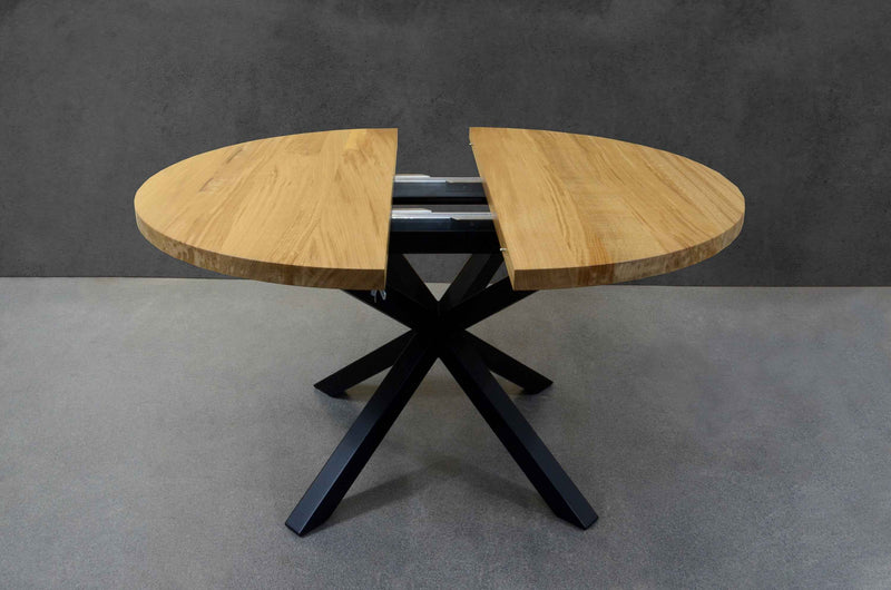 Expandable Round Oak Dining Table with Metal Legs