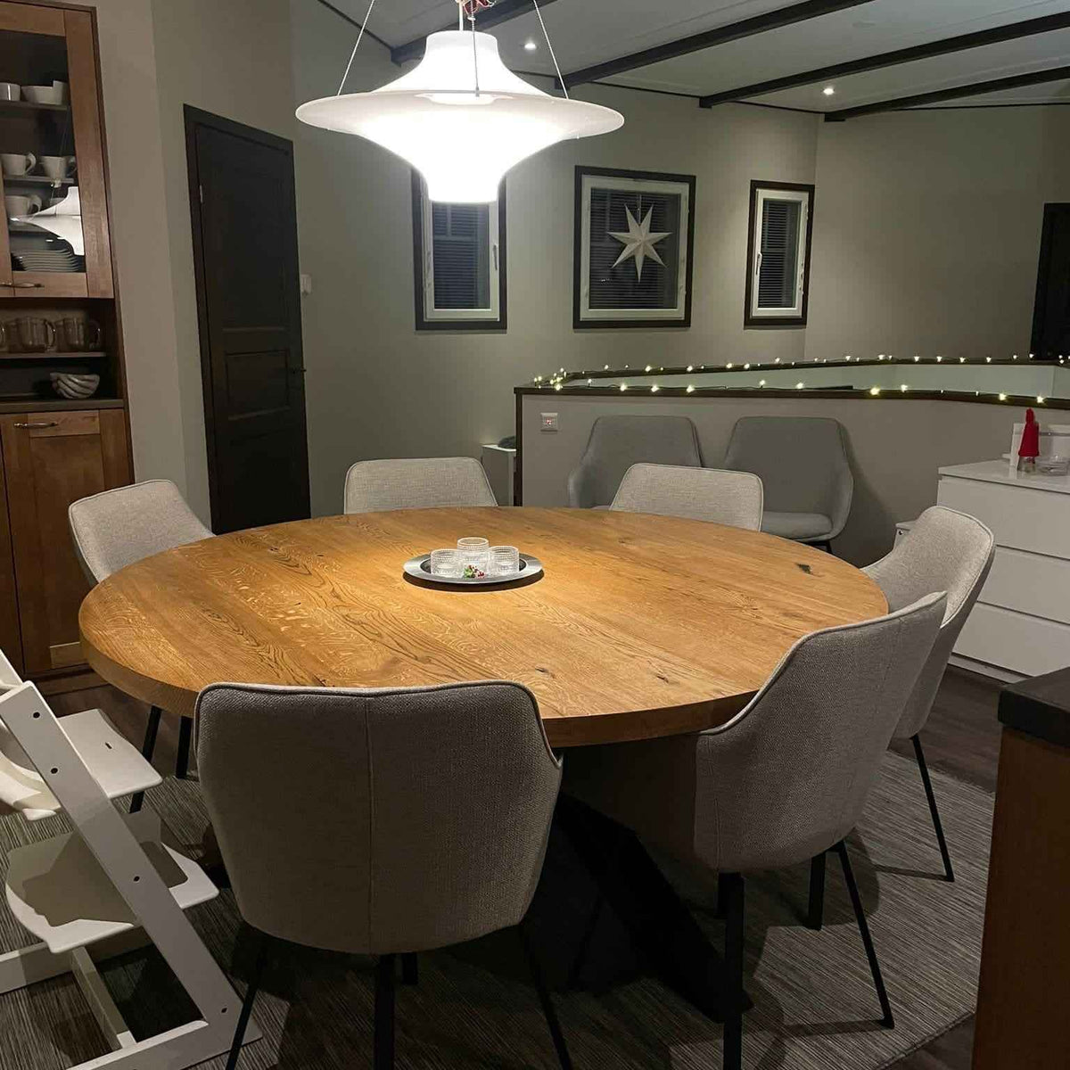 Handcrafted Solid Oak Round Dining Table with X-Frame Base