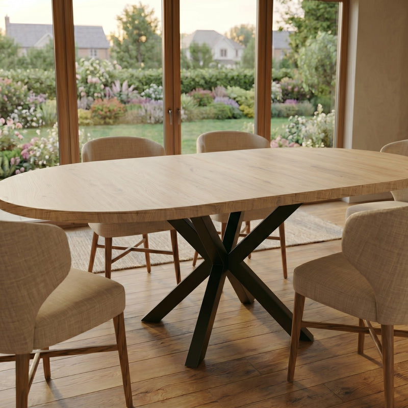 Expandable Round Oak Dining Table with Metal Legs