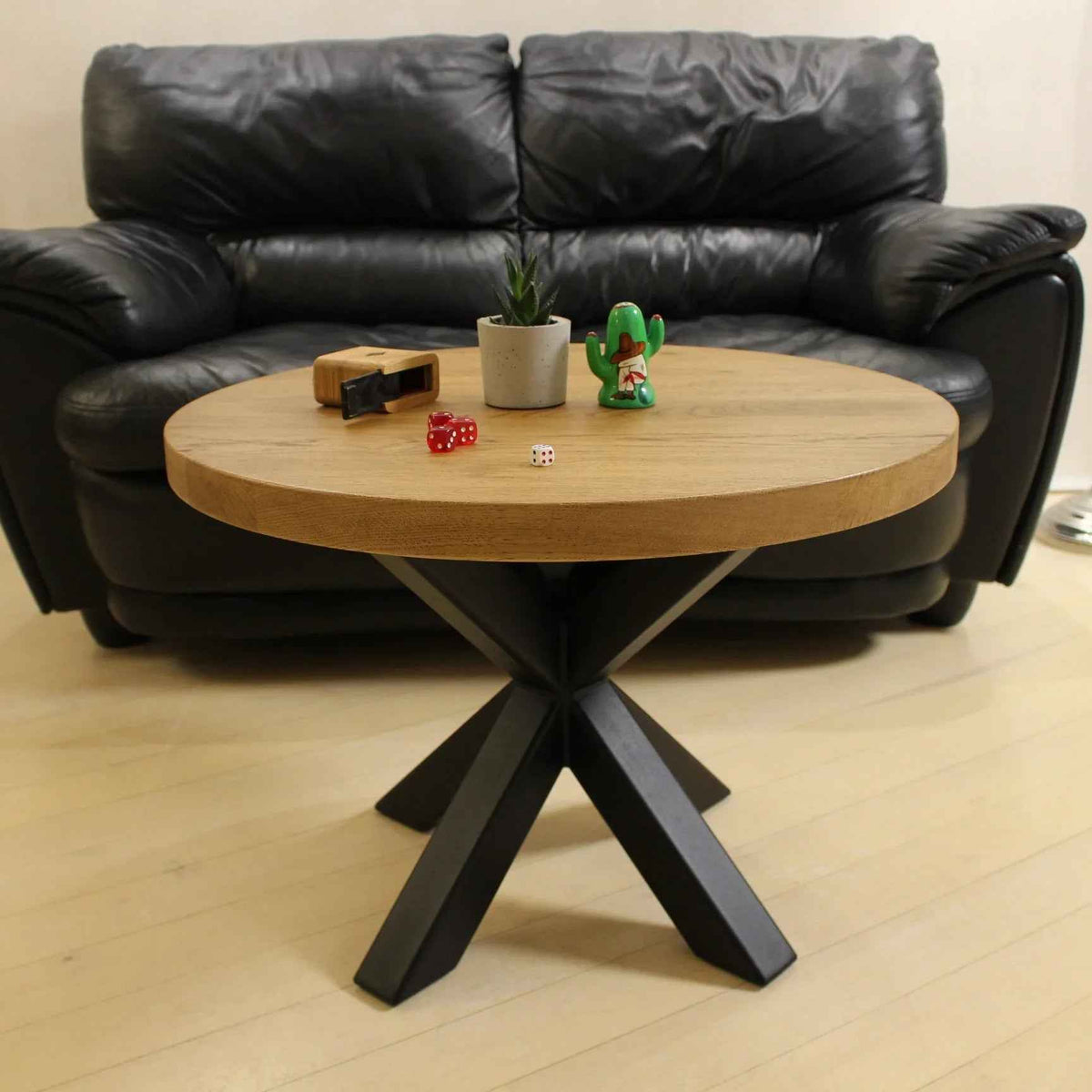 Handcrafted Round Wood Coffee Table with Spider Metal Base