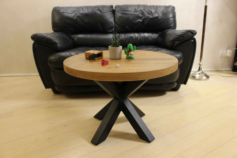 Handcrafted Round Wood Coffee Table with Spider Metal Base