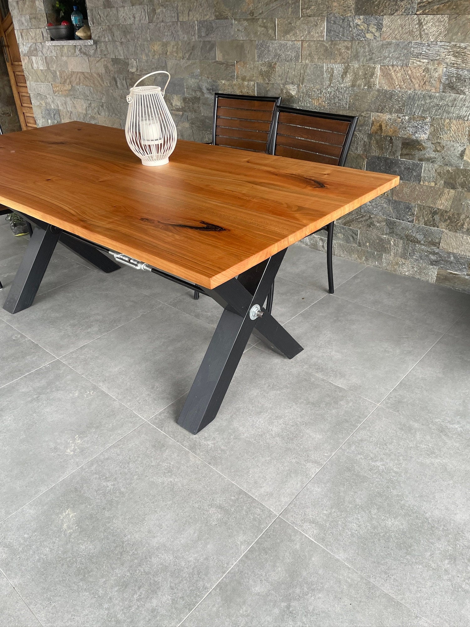 Solid ash wooden table with black steel X-frame legs – contemporary rectangular dining or workspace desk