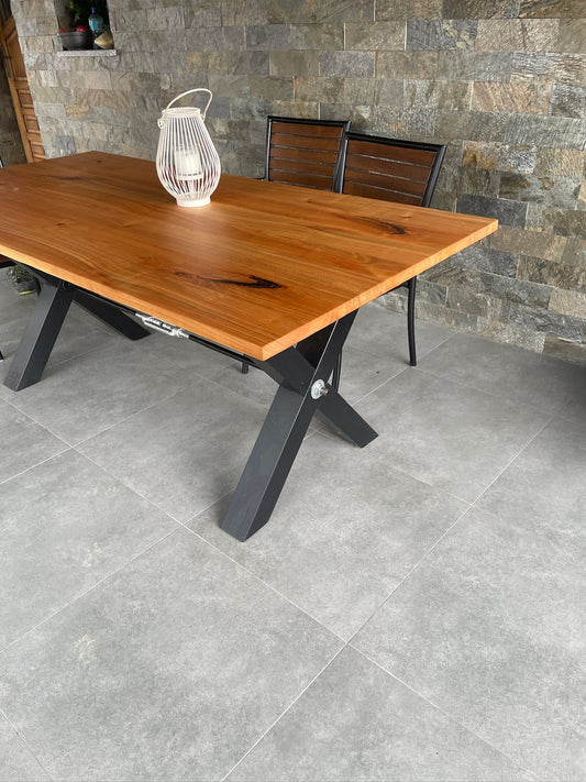 Solid ash wooden table with black steel X-frame legs – contemporary rectangular dining or workspace desk