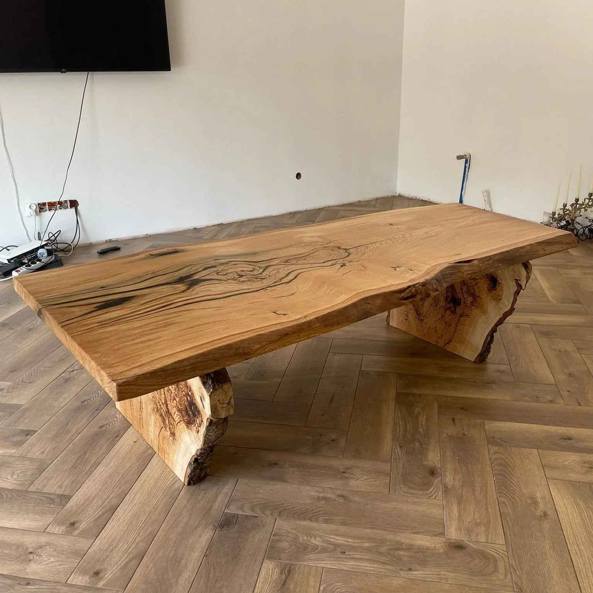Handcrafted Live Edge Solid Oak Coffee Table with Black Resin Inlays